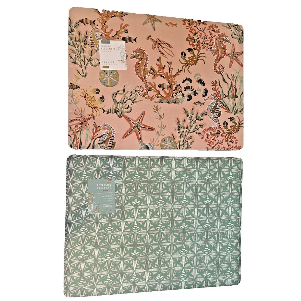 Envogue Cork Placemats Set Of 4 Pink Teal Reversible Starfish Seahorse 12x16